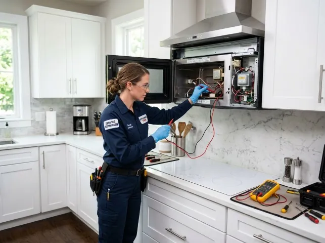 Appliance Repair Hero technician testing an over-the-range microwave in a Brogue, PA kitchen